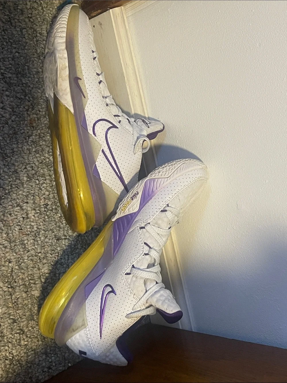 Nike Men's White and Purple Sneakers with Yellow Sole